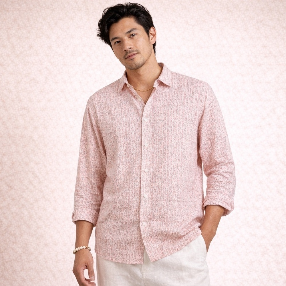 Black Brown Pink Linen Button Down Shirt Size L Lightweight Resort Wear Vacay
